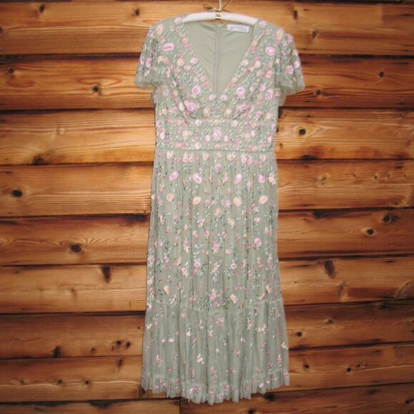 Mac Duggal 35104 Green Multicolor Embroidered V Neck Cap Sleeve Midi Dress - Picture 5 of 14